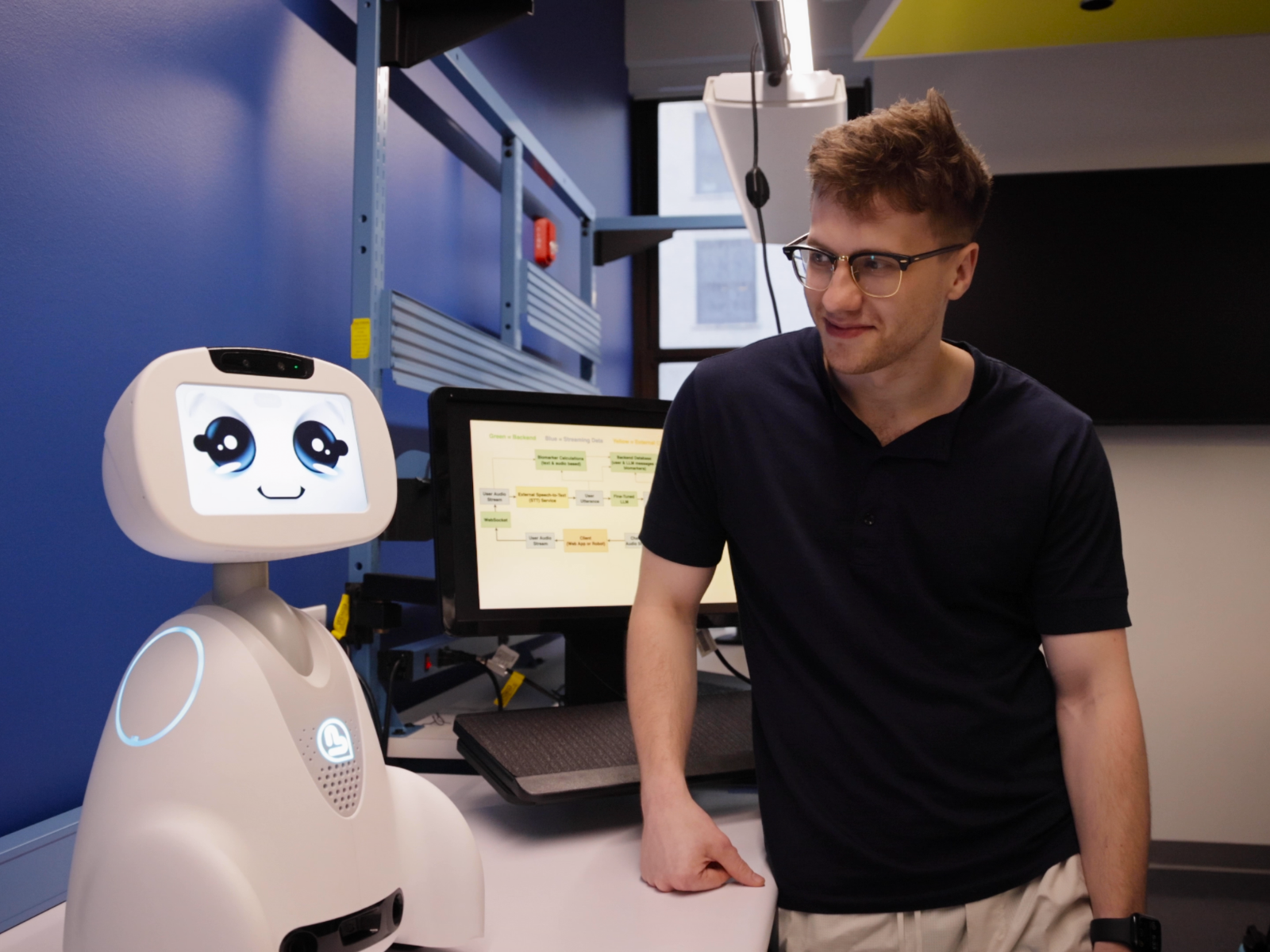 Student engages with talking robot 